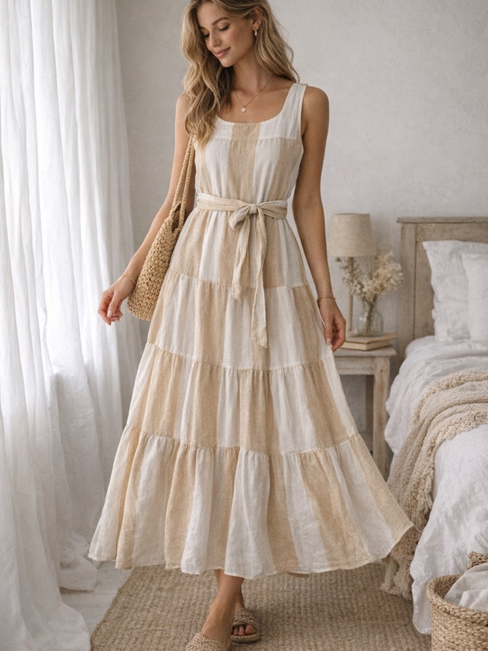 Cottagecore 100% Linen Maxi Dress Coastal Minimalist Neutral Boho Laude